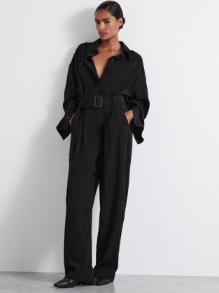 REISS Atelier Rochelle Belted Crepe Jumpsuit in Black ~ chic collared jumpsuits ~ utility style clothing