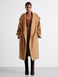 REISS Evelyn Atelier Blindseam Wool And Cashmere Coat in Camel ~ women’s chic light brown tie waist oversized collared coats