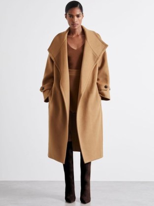 REISS Evelyn Atelier Blindseam Wool And Cashmere Coat in Camel ~ women’s chic light brown tie waist oversized collared coats