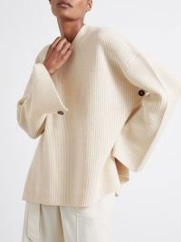 Reiss Eloise Atelier Buttoned Wool and Cashmere Jumper in Ivory | relaxed ribbed knit jumpers | luxe knits