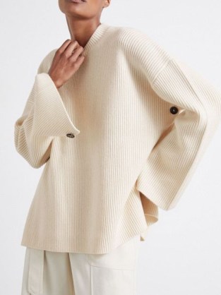 Reiss Eloise Atelier Buttoned Wool and Cashmere Jumper in Ivory | relaxed ribbed knit jumpers | luxe knits