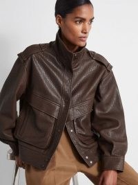 Reiss Cleo Atelier Grained Leather Jacket in Chocolate / women’s luxury brown military style jackets