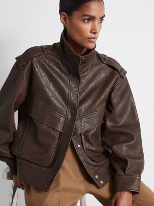 Reiss Cleo Atelier Grained Leather Jacket in Chocolate / women’s luxury brown military style jackets