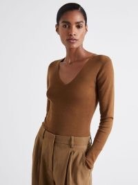 REISS Maeve Atelier Knitted Silk Blend Top in Chocolate ~ women’s fitted brown long sleeve V-neck tops