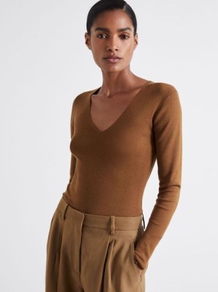 REISS Maeve Atelier Knitted Silk Blend Top in Chocolate ~ women’s fitted brown long sleeve V-neck tops