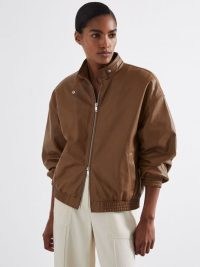 Reiss Dru Atelier Leather Latched Collar Bomber Jacket in Tan ~ women’s brown luxury zip up jackets