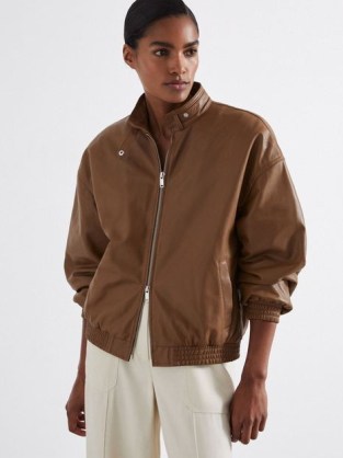 Reiss Dru Atelier Leather Latched Collar Bomber Jacket in Tan ~ women’s brown luxury zip up jackets