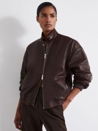 REISS Dru Atelier Leather Latched Collar Bomber Jacket in Berry / womens luxe casual jackets