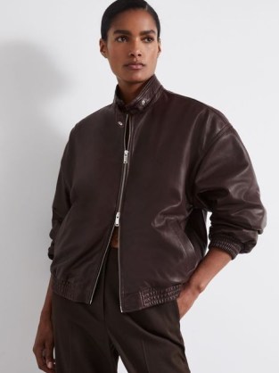 REISS Dru Atelier Leather Latched Collar Bomber Jacket in Berry / womens luxe casual jackets