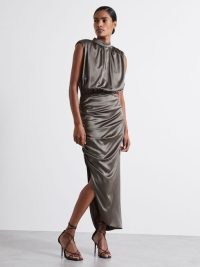 REISS Aude Atelier Ruched Silk Blend Satin Dress in Silver – silky metallic asymmetric hemline occasion dresses – luxe event fashion