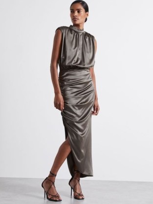 REISS Aude Atelier Ruched Silk Blend Satin Dress in Silver – silky metallic asymmetric hemline occasion dresses – luxe event fashion