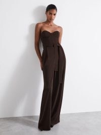 Reiss Estel Atelier Strapless Crepe Bustier Jumpsuit in Chocolate / women’s brown strapless sweetheart neckline jumpsuits / fitted bodice evening fashion