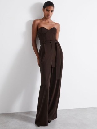 Reiss Estel Atelier Strapless Crepe Bustier Jumpsuit in Chocolate / women’s brown strapless sweetheart neckline jumpsuits / fitted bodice evening fashion