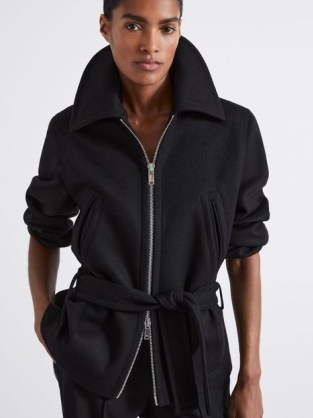 REISS Atelier Ada Virgin Wool-Blend Belted Coat in Black ~ collared tie waist short length coats ~ women’s chic zip up jacket