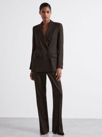 REISS Lena Atelier Double-Breasted Virgin-Wool Blend Suit Jacket in Chocolate ~ women’s smart dark brown padded shoulder jackets