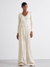 REISS Iris Atelier Wide Leg Crepe Trousers with Wool in Ivory ~ women’s belted relaxed fit trouser