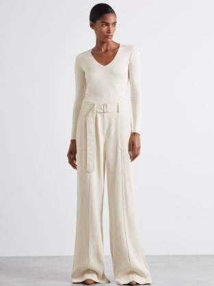 REISS Iris Atelier Wide Leg Crepe Trousers with Wool in Ivory ~ women’s belted relaxed fit trouser