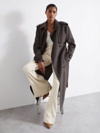 REISS Mabel Atelier Wool And Cashmere Trench Coat in Charcoal ~ women’s chic brown longline military style winter coats