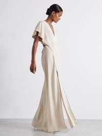 Reiss Leena Atelier Zipped Cady Maxi Dress with Virgin Wool | women’s luxury occasion clothing | designer zip detail event gown | luxe plunge front fluted sleeve party dresses