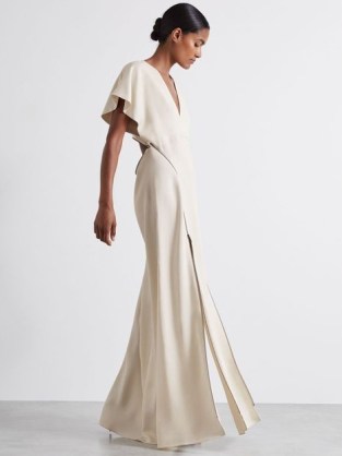 Reiss Leena Atelier Zipped Cady Maxi Dress with Virgin Wool | women’s luxury occasion clothing | designer zip detail event gown | luxe plunge front fluted sleeve party dresses