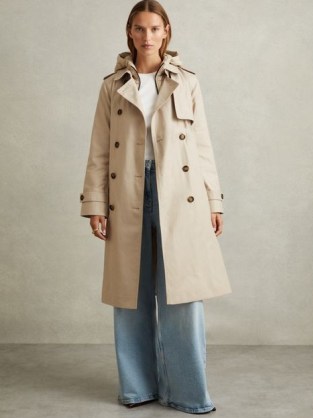 Reiss Azura Double Breasted Hooded Insert Trench Coat in Stone | women’s neutral tie waist longline coats