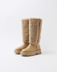 RIVER ISLAND Beige Borg High Leg Boot ~ chunky faux shearling fur winter boots