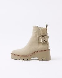 RIVER ISLAND Beige buckle detail chelsea boots ~ women’s chunky buckled boot