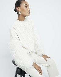 River Island Beige Faux Fur Long Sleeve Jumper | fluffy sleeved jumpers | winter glamour