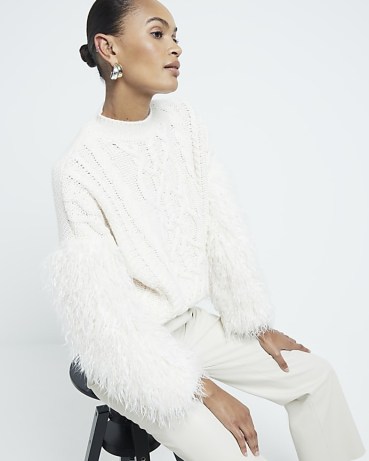 River Island Beige Faux Fur Long Sleeve Jumper | fluffy sleeved jumpers | winter glamour