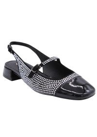 BIBI LOU Daniella Pumps in Plata – black patent leather rhinestone embellished Mary Jane shoes – mid heel block heel slingbacks