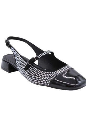 BIBI LOU Daniella Pumps in Plata – black patent leather rhinestone embellished Mary Jane shoes – mid heel block heel slingbacks