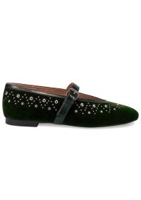 BIBI LOU Naila Ballerina Flat Velvet Shoes in Khaki – studded plush green Mary Jane flats