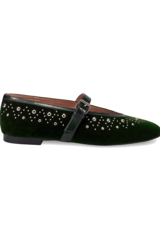 BIBI LOU Naila Ballerina Flat Velvet Shoes in Khaki – studded plush green Mary Jane flats