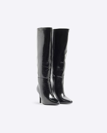 River Island Black heeled high leg boots | women’s faux leather knee high boots | womens winter footwear