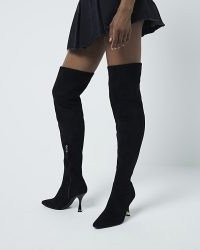 RIVER ISLAND Black Thigh high heeled Sock Boot ~ long over the knee stiletto heel faux suede boots