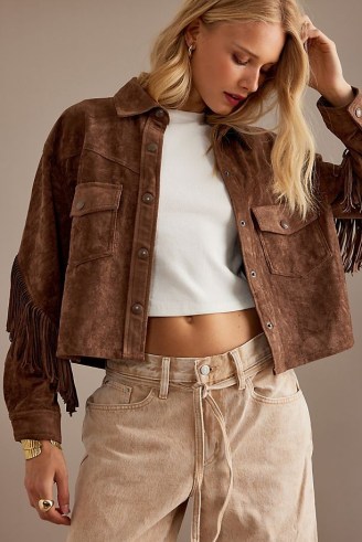 BLANKNYC Faux Suede Fringe Jacket in Brown ~ women’s fringed jackets