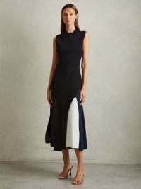 Reiss Faro Block Colour Crepe Midi Dress in Black / chic sleeveless colourblock dresses