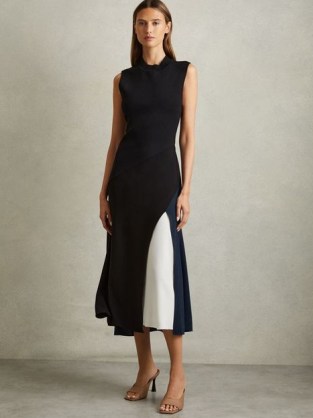 Reiss Faro Block Colour Crepe Midi Dress in Black / chic sleeveless colourblock dresses