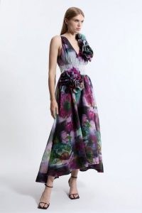 KAREN MILLEN Blurred Floral Organdie Rosette Detail Midaxi Dress / sleeveless dip hem fit and flare dresses