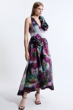 KAREN MILLEN Blurred Floral Organdie Rosette Detail Midaxi Dress / sleeveless dip hem fit and flare dresses