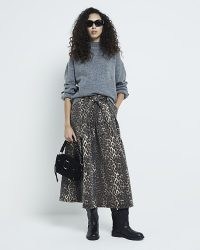 RIVER ISLAND Brown Denim Leopard Print Full Midi Skirt ~ tie waist skirts with animal prints