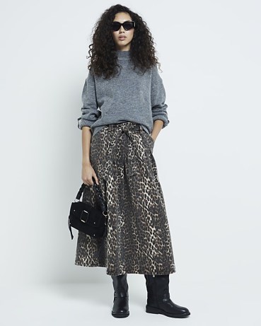 RIVER ISLAND Brown Denim Leopard Print Full Midi Skirt ~ tie waist skirts with animal prints