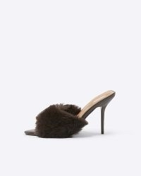 RIVER ISLAND Brown Faux Fur Heeled Mules ~ glamorous fluffy mule sandals