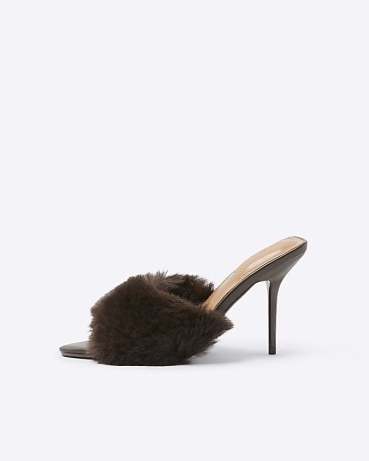 RIVER ISLAND Brown Faux Fur Heeled Mules ~ glamorous fluffy mule sandals