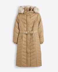 RIVER ISLAND Brown Slim longline Padded coat ~ women’s belted winter coats with faux fur trimmed hood