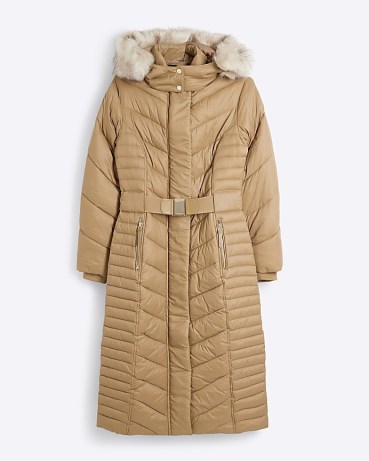 RIVER ISLAND Brown Slim longline Padded coat ~ women’s belted winter coats with faux fur trimmed hood