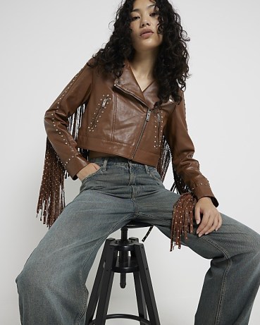 RIVER ISLAND Brown Studded Fringed Leather Jacket ~ women’s stud embellished and zip detail fringe trimmed jackets