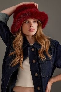 By Anthropologie Faux Fur Bucket Hat in Wine / fluffy dark red winter hats