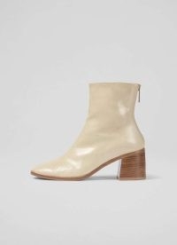 L.K. BENNETT Camila Ecru Front Seam Casual Boot ~ women’s off white crinkled patent leather block heel boots