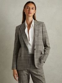 REISS Tamy Checked Slim Fit Suit Blazer in Grey Check ~ women’s single breasted blazers ~ womens smart corporate workwear clothing